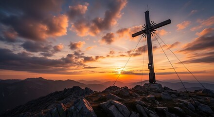 Obraz premium A mountaintop crucifix silhouetted against a dramatic sunset with layered clouds