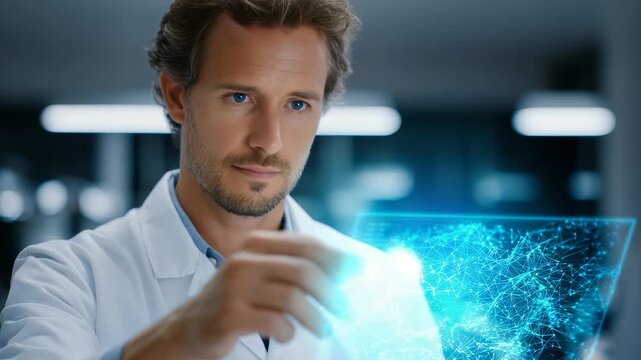 A focused researcher in a white lab coat uses advanced holographic technology to analyze neural connections. Modern laboratory environment highlights cutting edge scientific exploration