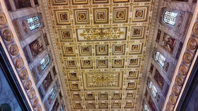 Slow Motion Tracking Shot Of Gilded Ceiling In Saint Paul Basilica Rome