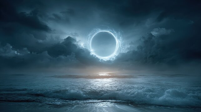 A luminous circle hangs suspended above a turbulent ocean under a stormy sky, mystical and foreboding.