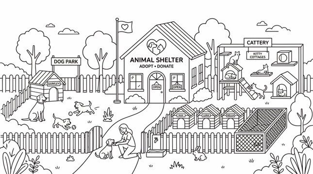 Animal shelter scene with dogs playing and cats in a cattery illustration