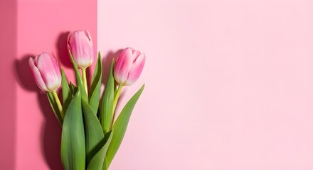 Fototapeta premium Pink tulips on pastel background with green leaves and stems