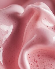 Fototapeta premium Extreme close-up of pink strawberry cold foam with airy texture and bubbles, showcasing smooth surface and creamy consistency in a soft-focus background