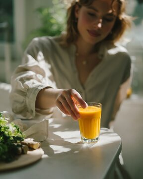 Young woman in soft linen clothing reaching for a glass of turmeric juice on a bright table with fresh herbs and ginger in a sunlit kitchen setting
