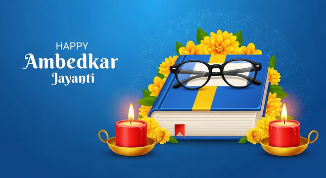 A vibrant illustration celebrating Ambedkar Jayanti with a book, glasses, flowers, and candles