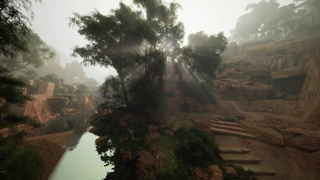 ancient tree island with sunbeams pilgrim photographer frames towering roots and twisted trunk rising from rocky islet dramatic shafts of light pierce mist