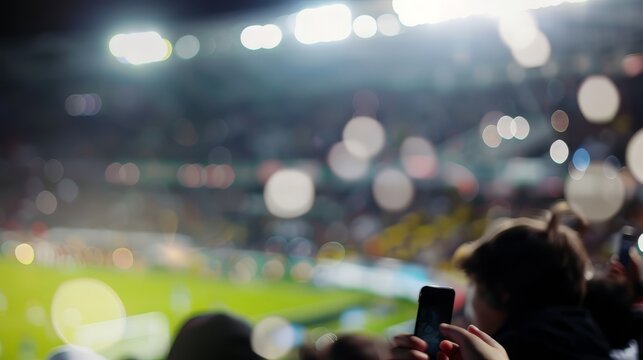 Spectators capture the game with smartphones at a brightly lit stadium event