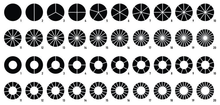 Circles divided into parts from 1 to 20. Black round chart for infographic, pie portion or pizza slice. Circle pie chart as donut infographics data presentation. 