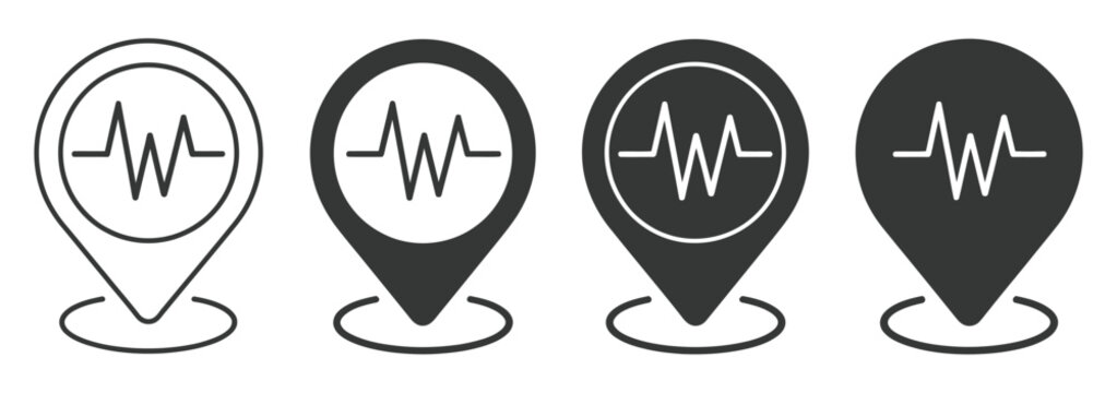 Earthquake pin location icon, map marker with seismic activity symbol, fault line or tremor indicator, disaster alert concept, geolocation and hazard monitoring, minimal flat design, vector 