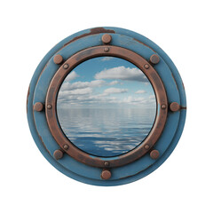 Obraz premium Porthole window with ocean view and blue sky water isolated on a transparent background