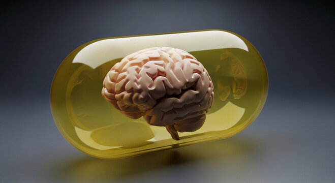 A human brain inside a large yellow capsule on a dark background