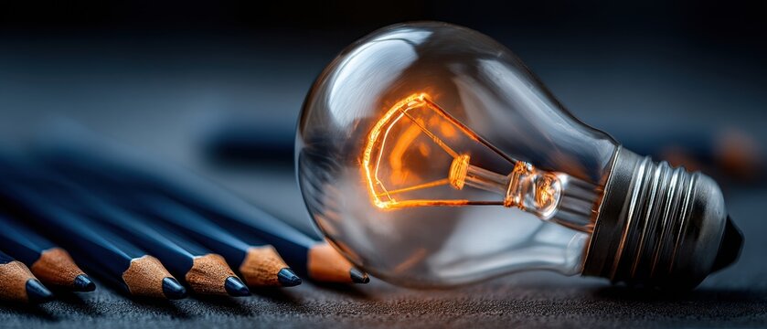 Light bulb glowing brightly beside a row of unsharpened pencils, radiating creative inspiration and ideas.