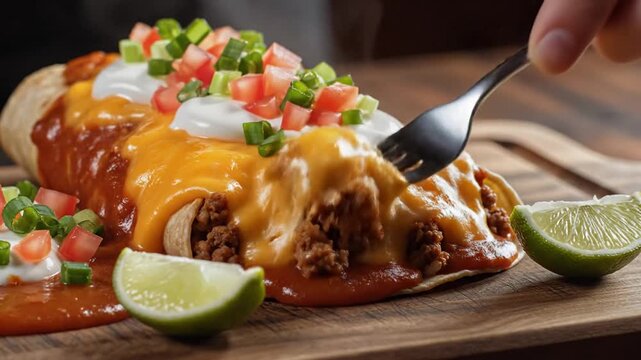 Cheesy beef burrito with sour cream and fresh toppings on wooden board