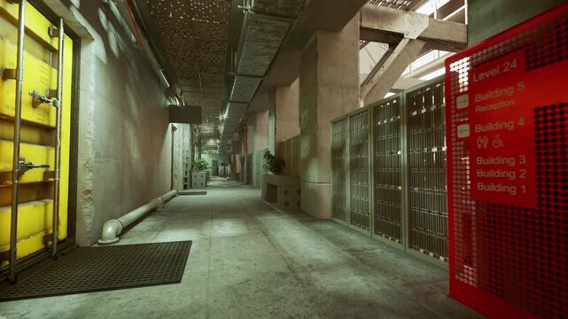 quiet service passage with soft daylight filtering through vents urban explorer and repair technician examine yellow hatch and red cabinet while drones deliver