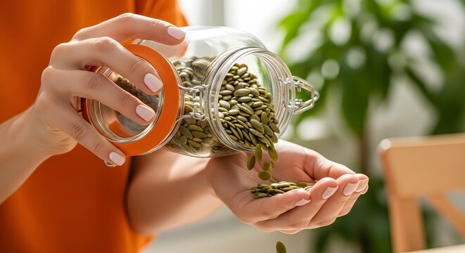 Woman Pouring Raw Green Pumpkin Seeds from a Glass Jar into Her Hand for Healthy Snacking and Cooking, Close-up Shot of Organic Superfood Preparation in a Bright Kitchen Setting for Nutrition