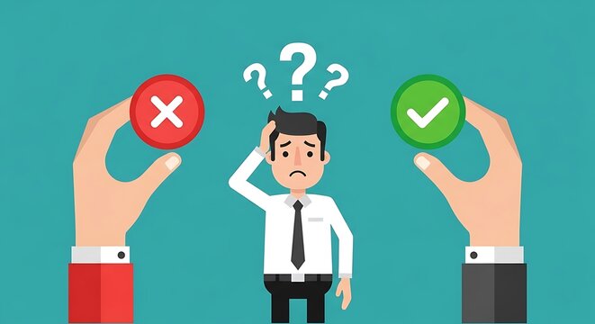 Cartoon image depicts a confused person facing choices represented by check and cross symbols