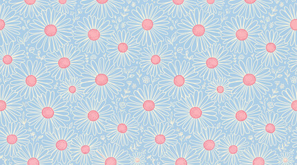 Obraz premium Colorful seamless blue and pink floral pattern with daisies for textiles and wallpaper.