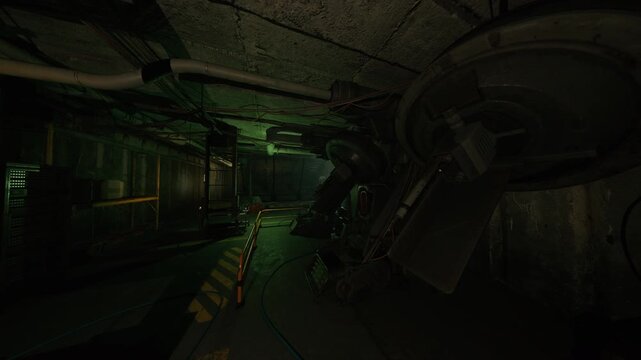 dim industrial power corridor with turbine hum, heavy cables and switch panels line grated walkway, warning signage and yellow markings, steam venting