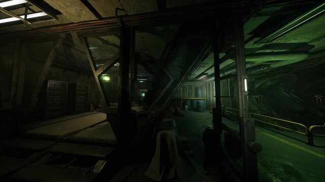 shadowed maintenance tunnel with green accent lighting along metal pipes and grated walkway abandoned toolkit and loose bolts suggest recent inspection