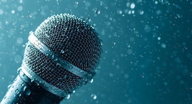 Close-up of a microphone with water droplets, against a teal gradient backdrop