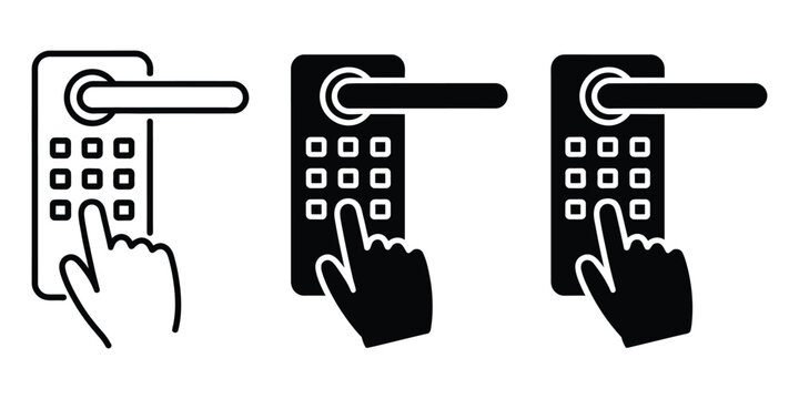 Smart door lock with hand pressing PIN code icon, digital security access concept, keypad entry for home or office, modern smart lock technology, minimal flat design, vector illustration isolated on 