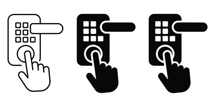 Smart door lock with hand pressing PIN code icon, touchpad security system for doors, PIN entry and access control concept, contemporary smart home design, vector illustration isolated on white.