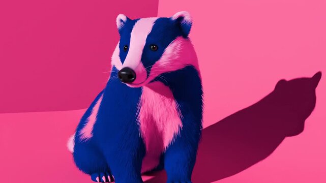 Stylized blue and pink badger in a vibrant monochromatic pink studio