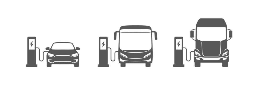 Electric vehicle charging station for cars, buses, and trucks. Vector illustration.