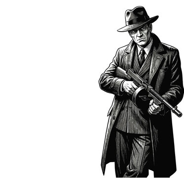 Vintage Classic 1920s Prohibition Era Gangster with Tommy Gun Illustration - Black and White Line Art, engraving vector illustration. Scratch board imitation