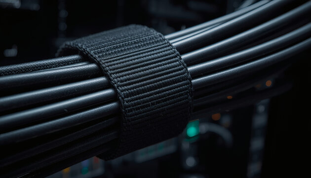 Black velcro cable tie wrapped around wires. IT server rack management.