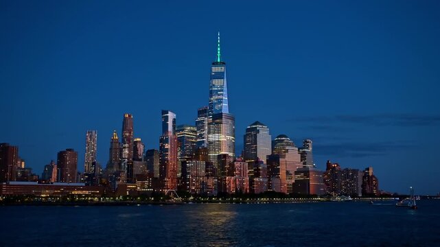 One World Trade Center spire lit up at night. Low angle view of the Freedom Tower and Lower Manhattan skyline across the river.