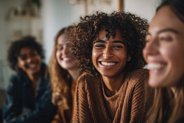 Fototapeta premium Group of happy diverse friends laughing together at home