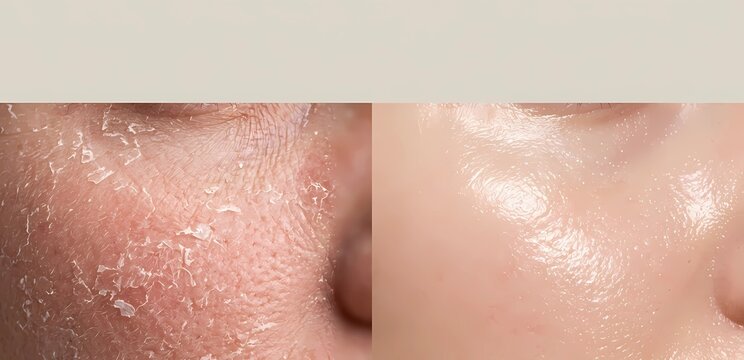 Macro split-screen concept photography comparing dry flaky and smooth plump skin.