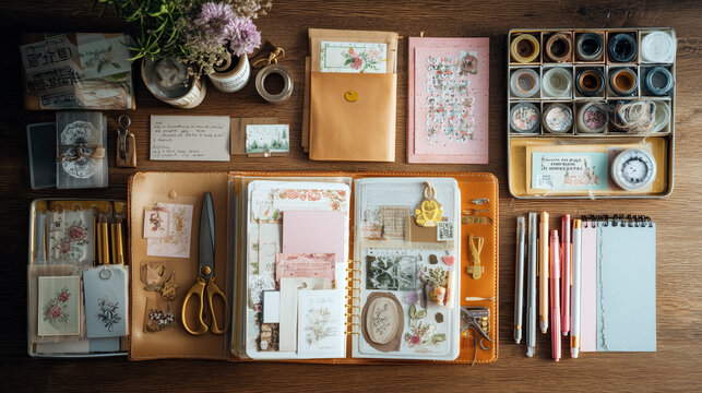 Top view of junk journaling supplies and vintage scrapbooking materials
