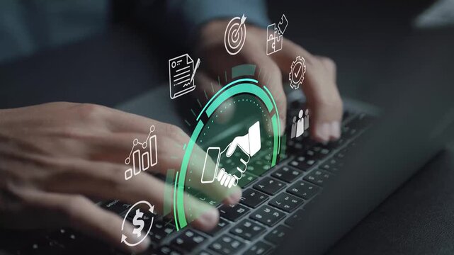 Business partnership system concept. Person using laptop with digital collaboration and network icons, joint projects, cooperative strategy, and corporate teamwork.