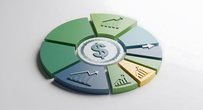 Financial Pie Chart with Dollar Sign and Growth Arrows Illustrating Business Growth and Investment Returns