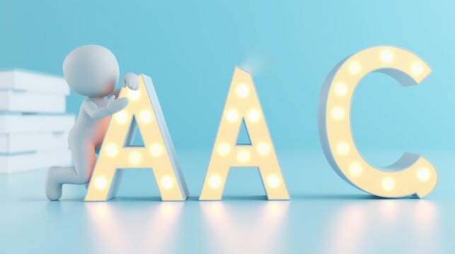 Figure pushing illuminated letters spelling AAC. Bright blue background, reflective surface. Simple, clean presentation.