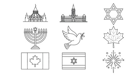 Obraz premium Line art icons representing Canada and Israel including flags and cultural symbols
