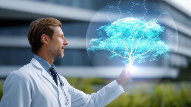 A researcher uses advanced augmented reality to analyze a virtual tree, symbolizing the fusion of science and nature. The scene highlights eco friendly technology and sustainable innovation