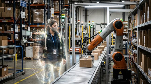 Female worker with digital glow effect overseeing an automated robotic arm in a modern warehouse setting.