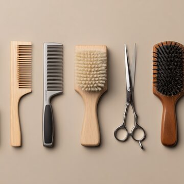 Top down flat lay of professional hair tools on neutral background