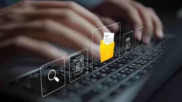 File management system concept. Person using laptop with digital document and storage icons, organized workflow, secure file handling, and business efficiency.