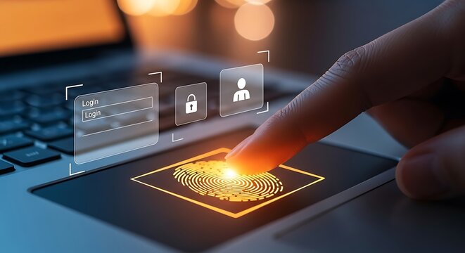 Fingerprint unlocks laptop; icons represent login, security & user profile. Finger glowing
