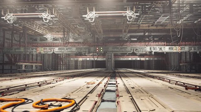 Automated robotic assembly bay with parallel rails and precision arms, conveyor pathways, sensor arrays and calibration rigs for highaccuracy manufacturing