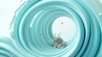 Fototapeta premium Swirling blue liquid creates tunnel effect. Fish, turtle, coral visible inside. Bright, clean aesthetic. Minimalist composition.