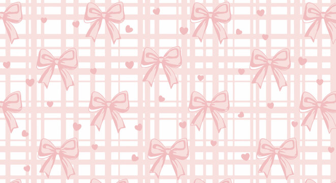 Seamless decorative pattern featuring delicate pink bows and small hearts on a soft pink plaid background, perfect for feminine design.