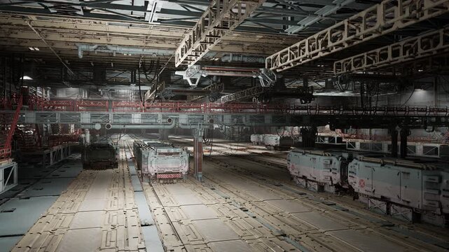 Spacious overhaul bay with trains under inspection, elevated gantries and diagnostic rigs visible, clinical lighting highlights metal surfaces, efficient layout