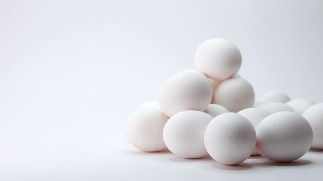 Fresh white chicken eggs stacked in pyramid on clean background
