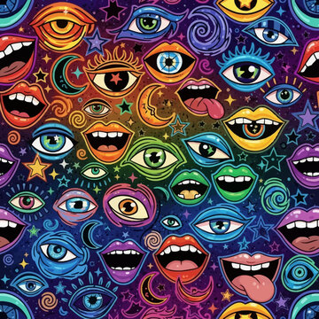 Chaotic colorful pattern of psychedelic eyes and mouths, surreal and vibrant abstract background.