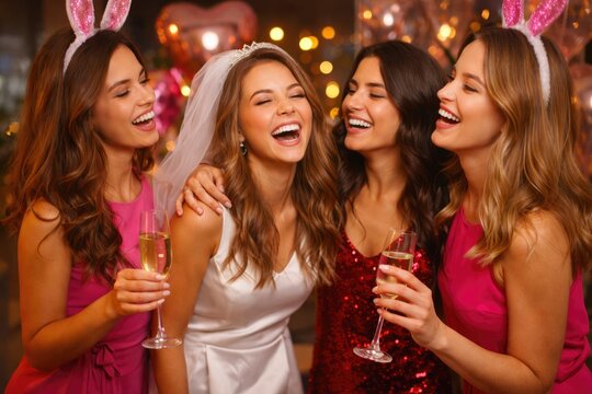 Bride with friends celebrating hen party wearing veil and bunny ears